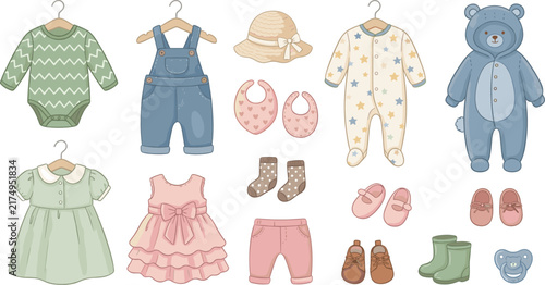 Baby clothing collection with romper dress overalls hat bib socks shoes boots teddy bear and pacifier pastel nursery illustration