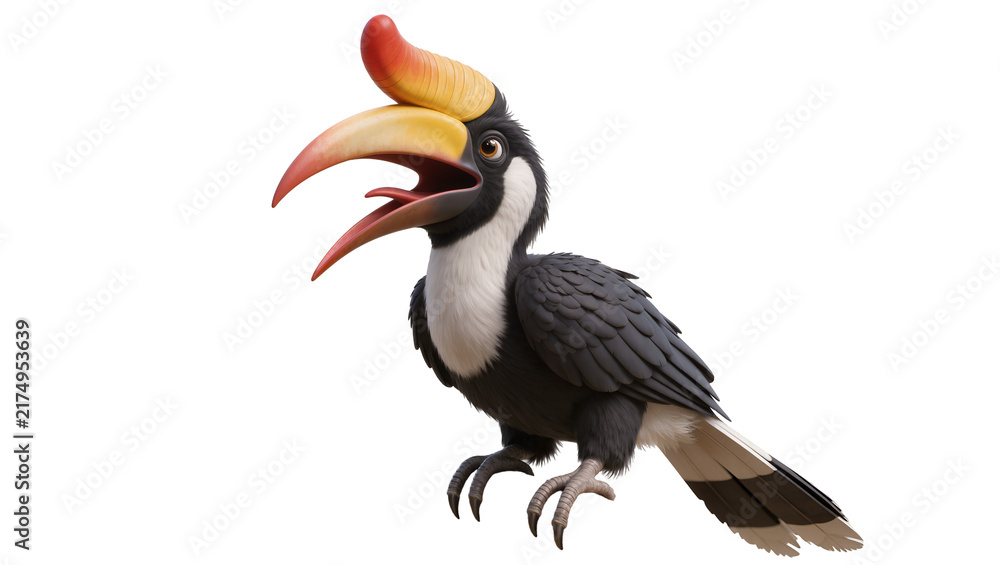 Obraz premium Isolated cartoon tropical hornbill bird featuring a large colorful beak and expressive eyes.