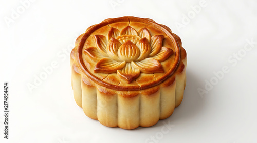 Golden brown mooncake with lotus flower pattern on white