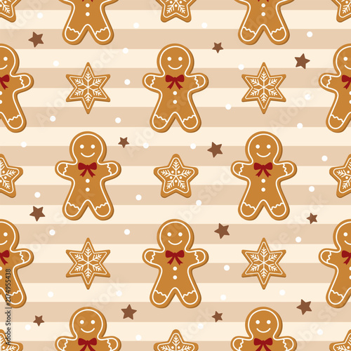 Christmas seamless pattern with Gingerbread on striped background. winter holidays background. vector illustration for fabric, gift wrapping paper