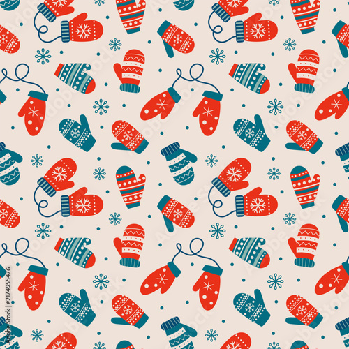 Christmas seamless pattern with Christmas gloves. winter holidays background. vector illustration for fabric, gift wrapping paper
