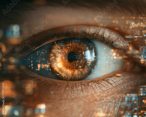 Futuristic human eye with advanced digital HUD data overlay concept macro view
