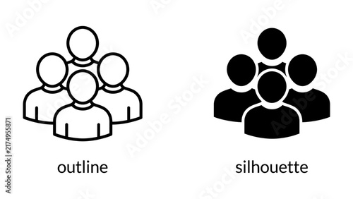 Photography Group of People Icon: A simple graphic representation of a group of people in both outline and silhouette styles, signifying community or a gathering