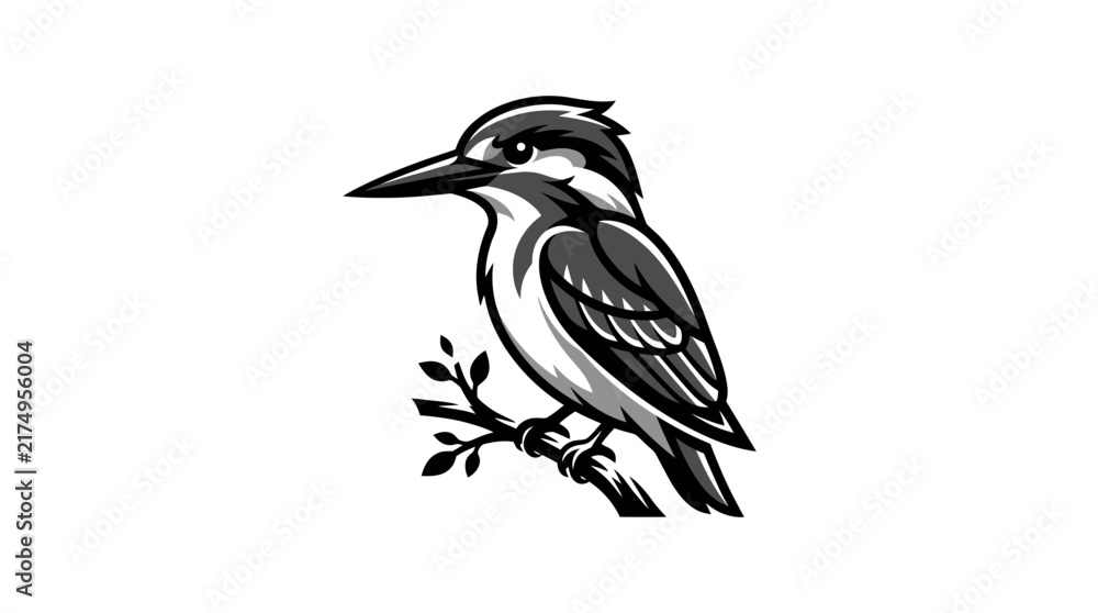 Fototapeta premium A detailed black and white graphic illustration of a kingfisher bird perched on a small branch, depicted in a side profile view.