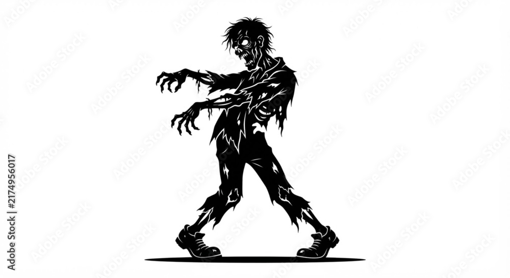 Fototapeta premium Scary undead zombie walking silhouette in black and white grunge style