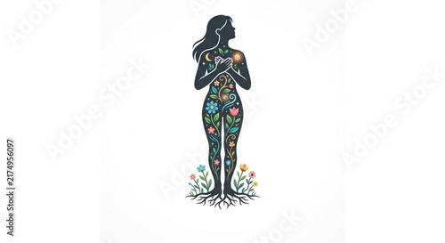 Vector illustration of a female silhouette filled with colorful blooming flowers and tree roots