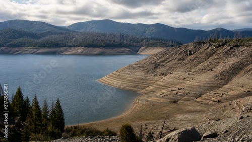 Elevated view of Severe drought at depleted reservoir