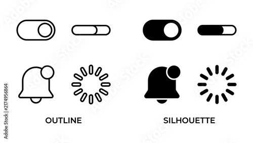 UI Icons: Outline and Silhouette Toggle Switches and Loading Indicators. Representing interface elements for toggling settings and displaying progress.