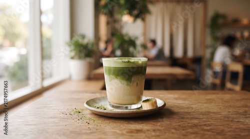Iced matcha latte with banana slice in a glass on a wooden cafe table