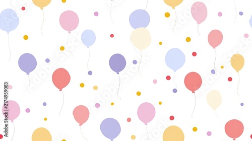 Seamless pattern with pastel balloons in pink, lavender, yellow and blue on a white background, cheerful celebration illustration, playful nursery surface design