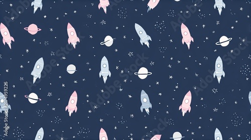 Seamless cosmic pattern with pastel rockets, planets and stars on a deep blue background, whimsical space illustration, children nursery surface design