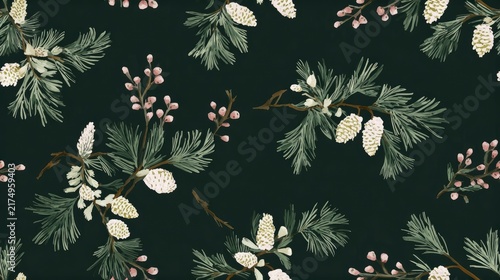 Seamless winter botanical pattern with pine branches, berries and pale leaves on a dark green background, elegant festive illustration, natural surface design