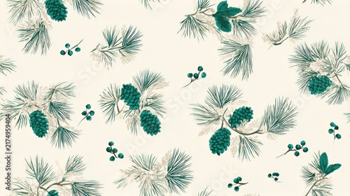 Seamless pattern of pine needles, green cones and small winter branches on a light background, natural botanical illustration, soft seasonal surface design