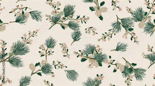 Seamless botanical pattern with pine branches, cones and winter greenery on a light cream background, natural festive illustration, elegant seasonal surface design