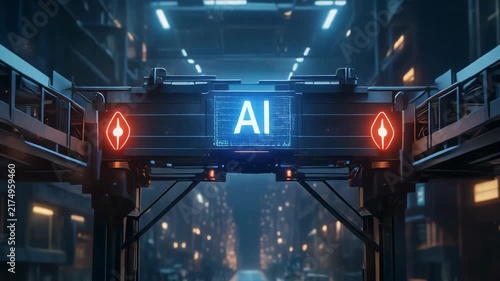 Futuristic cityscape with glowing AI signs and neon lights in cinematic motion