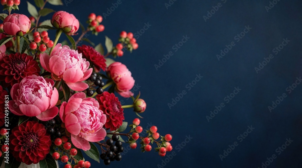 Obraz premium Pink peonies and red dahlias with berries create a vibrant floral arrangement against a dark blue backdrop. This elegant composition offers ample copy space for text or design elements.