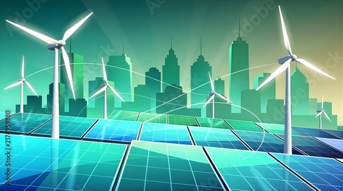 Modern renewable energy concept featuring solar panels and wind turbines powering a futuristic eco friendly city skyline.