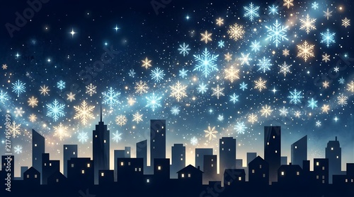 Magical winter night sky over a city skyline silhouette with glowing snowflakes and shining stars for holiday season backdrop.