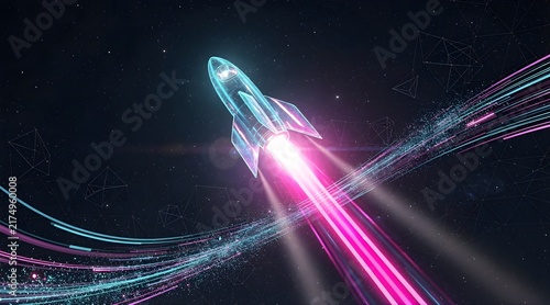 Futuristic digital spaceship rocket launching through outer space with glowing light trails and cosmic stars in a high tech background.