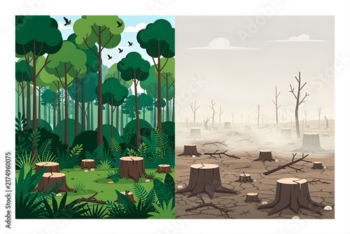 Deforestation comparison showing a lush green forest versus a dry wasteland with tree stumps for environmental awareness