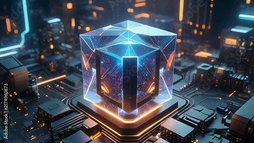 Futuristic glowing cube structure in a neon-lit cyber city at night