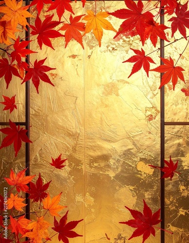 Plakat 金屏風に紅葉の金箔背景
