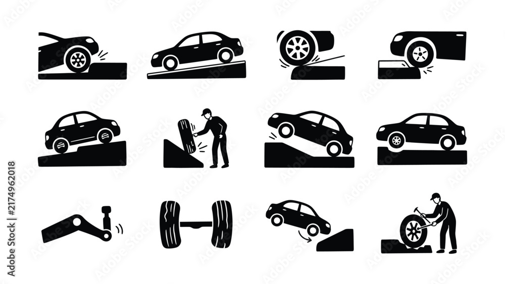Fototapeta premium Car maintenance process illustrated with tire changing and vehicle lift steps