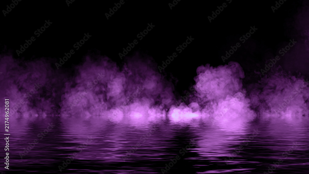 Obraz premium Mystery coastal purple fog . Smoke with particles on the shore . Reflection in water. Texture overlays background. Stock illustration. Design element.
