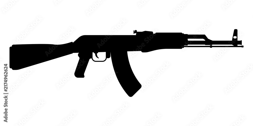 Obraz premium Black silhouette of an AK-47 assault rifle isolated on white background