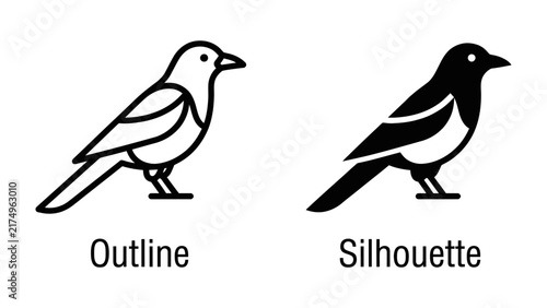 Fotografía Bird Outline and Silhouette: Two stylized representations of a bird, one in outline form and the other as a solid silhouette, presented side by side for comparison