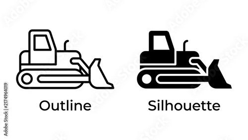 Bulldozer Outline and Silhouette Icons: A set of two stylized icons representing a bulldozer, one in outline form and the other as a solid silhouette, perfect for conveying concepts of construction.