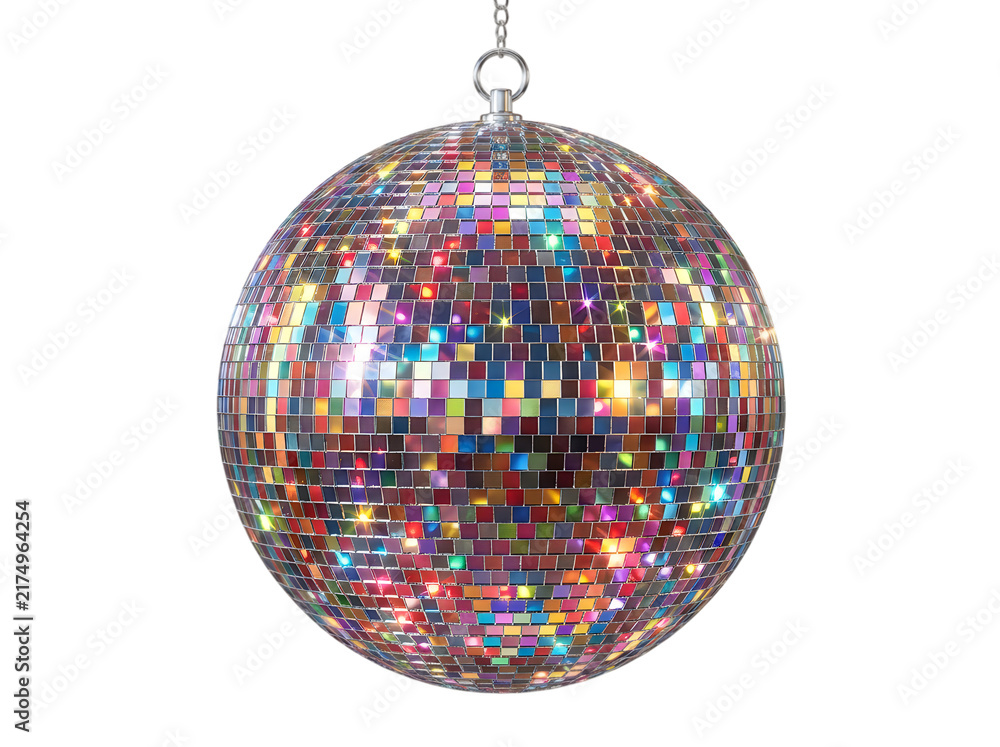 Fototapeta premium Shiny colorful disco ball hanging for party celebration isolated on transparent background