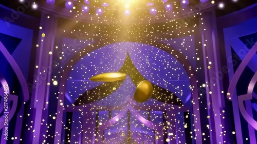 Glistening Golden Dust Particles Falling Against Opulent Blue and Gold Stage Drapery with Dramatic Lighting
