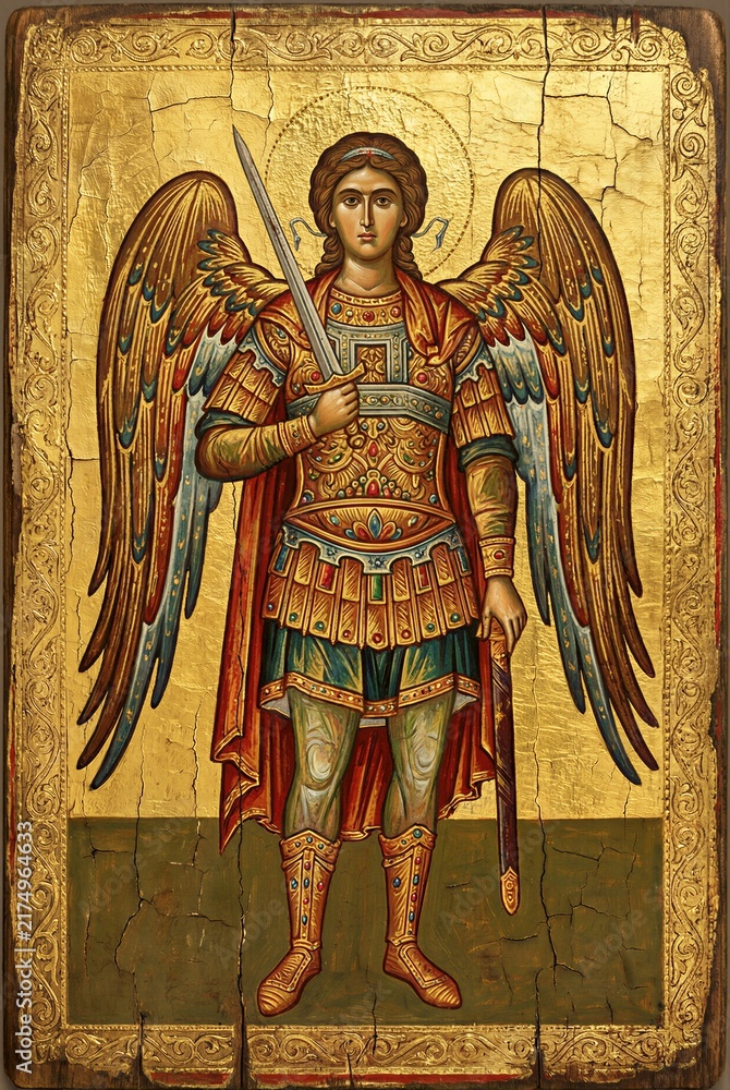 Fototapeta premium Archangel Michael holding a sword in Byzantine Christian icon. Orthodox religious artwork symbolizing protection, courage, spiritual strength and victory over evil.
