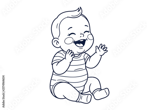 Happy laughing baby in a striped onesie, sitting and waving, line art illustration.