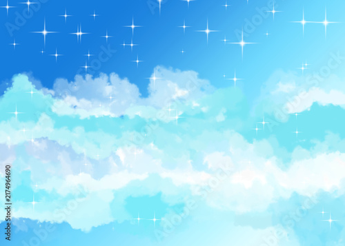 Sparkling Blue Sky with Fluffy White Clouds Watercolor Background