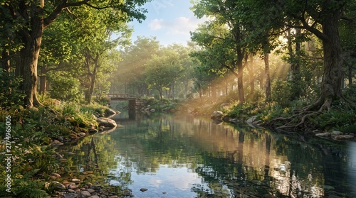 Serene forest river with clear water and stone bridge under morning sunbeams, peaceful nature landscape, generative AI
