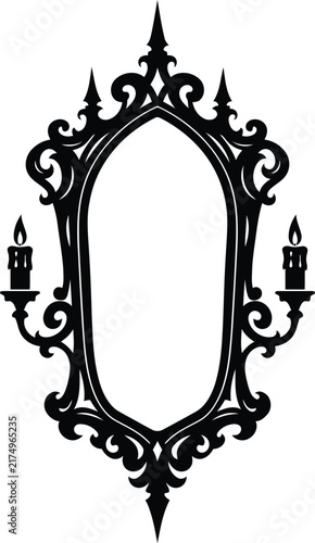 Vintage gothic mirror frame silhouette with candle sconces isolated on a white background for interior design projects
