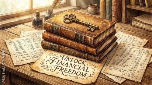 Ancient Books, Vintage Key, and Financial Ledgers Symbolize Unlocking Financial Freedom and Knowledge