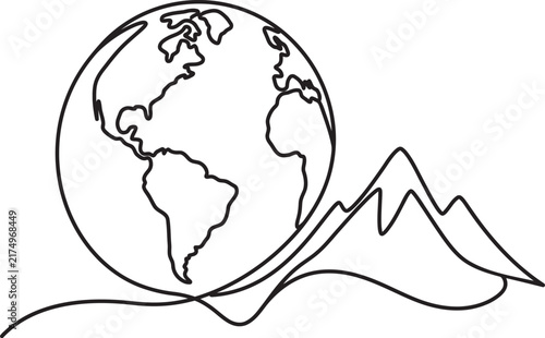 Bild auf Leinwand A minimalist black and white continuous line art illustration showing the globe of planet earth and mountain peaks, symbolizing nature and travel