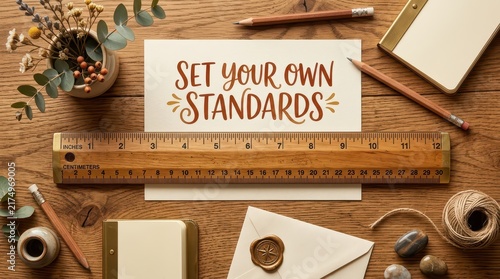 Creative flat lay of writing and measuring tools on a wooden desk, with a card stating 'Set Your Own Standards'