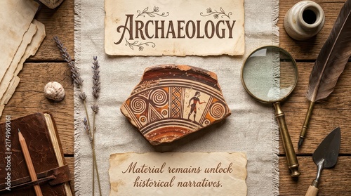 Ancient history, archaeology and research tools laid out, featuring pottery shard, magnifying glass, quill pen, and notebook on rustic wooden table