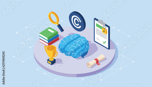 Intellectual property concept featuring a brain icon surrounded by a copyright symbol, law document, books, and magnifying glass.