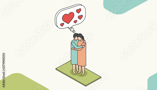 Happy couple hugging each other tenderly under a speech bubble full of bright red love hearts in a cozy modern drawing.