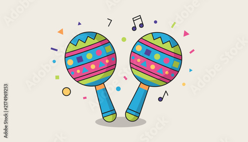 Two vibrantly decorated mexican maracas shaking with confetti and musical notes on a clean cream colored background.
