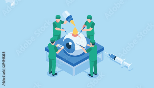 Professional surgical team of doctors performing complex laser eye surgery on a giant eye model in a clean operating room.