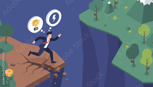 Ambitious businessman running with a leap of faith across a cliff gap to reach a lush green forest on the other side.