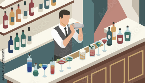 Male bartender shaking a cocktail shaker behind a wooden bar counter with many colorful cocktail glasses.
