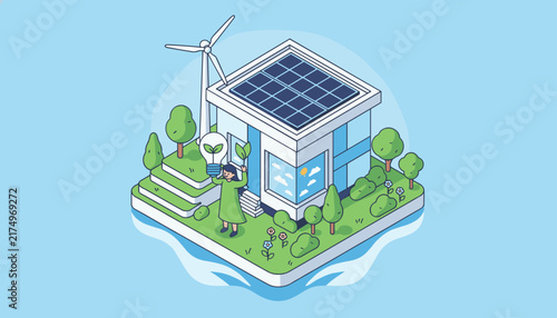 Modern eco friendly house with solar roof panels, wind turbine, and lush garden representing green living technology.
