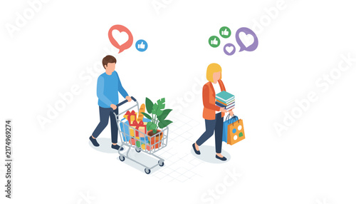 Man and woman shopping with shopping carts while their products receive love and thumbs up reactions from social media.